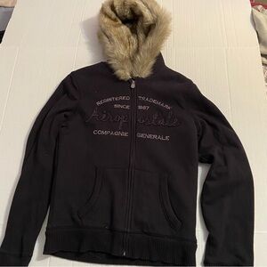Aeropostale Black Full Zip-Up with Faux Fur Trim /Lining embroidered L